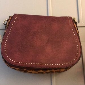 Maroon Faux Leather Crossbody w faux suede Cheetah